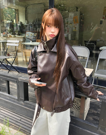 Allin Belt Overfit Leather Jacket Jumper